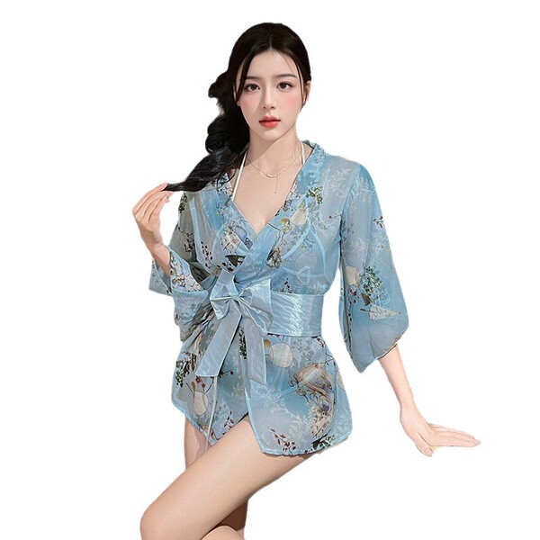 Japanese-style lace kimono set - sexy bow-tie sheer robe & matching 3-piece outfit for women, featuring elegant design and sh...