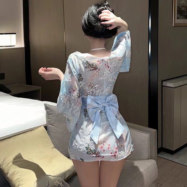 Japanese-style sexy lace kimono robe set - sheer chiffon 3-piece outfit with floral embroidery for women, featuring elegant f...