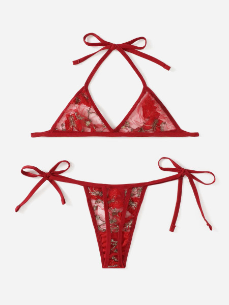 Red lace bra and thong set with floral embroidery, elegant sexy lingerie for women, perfect for bridal or vacation wear.