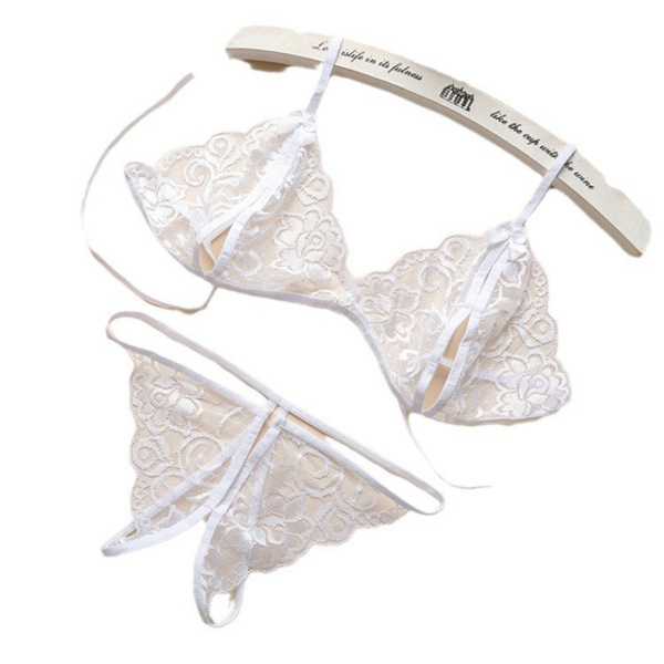 Lace sexy bikini set with open-crotch thong - romantic lingerie sleepwear for women, plus size 3-piece gift set
