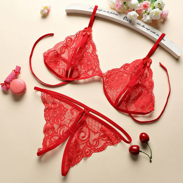 Lace sexy bikini set with open-crotch thong - romantic lingerie sleepwear for women, plus size 3-piece gift set