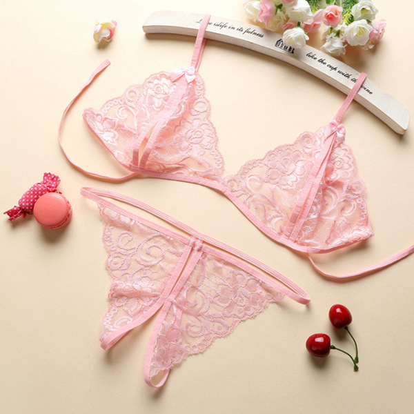 Lace sexy bikini set with open-crotch thong - romantic lingerie sleepwear for women, plus size 3-piece gift set