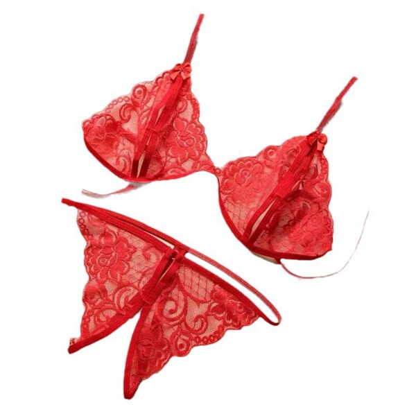 Lace sexy bikini set with open-crotch thong - romantic lingerie sleepwear for women, plus size 3-piece gift set