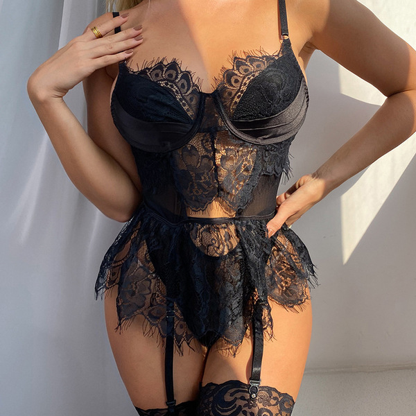 Lace sexy bunny girl outfit set featuring a 3-piece design with an elegant bra, garter belt, and thong, perfect for -style f...