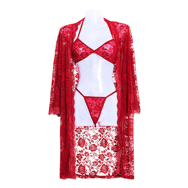 Lace sexy lingerie set for women - plus size transparent adult costume sleepwear robe 3-piece ensemble featuring red lace bik...