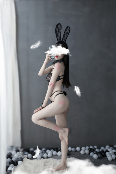 Sexy lace sheer bunny girl costume set featuring transparent design, rabbit ears, and slimming style.