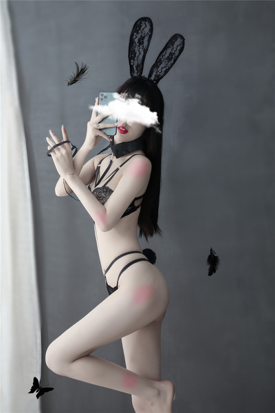 Sexy lace sheer bunny girl costume set featuring transparent outfit, rabbit ears, and slimming design.