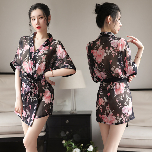 Japanese-Style Sexy Lace Sleepwear Set – Sheer Chiffon Kimono Robe & Matching Lingerie Outfit - 3