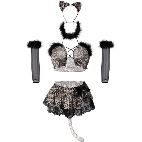Sexy leopard print catwoman costume set with bra, skirt, tail, ears, and fluffy cuffs for adult cosplay.