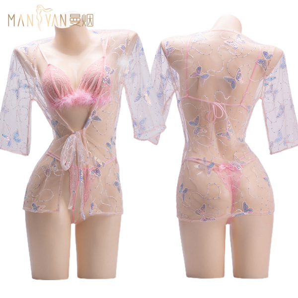 Manyan floral butterfly moon dream hanfu-inspired lingerie set - sheer sexy 3-piece costume outfit with delicate embroidery