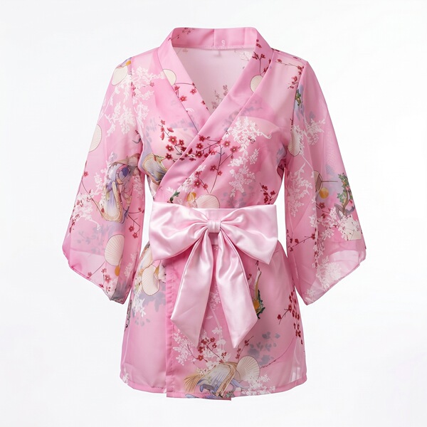 Pink floral kimono robe with bunny print and satin bow - nightsiyese cute kawaii japanese-inspired lingerie set.