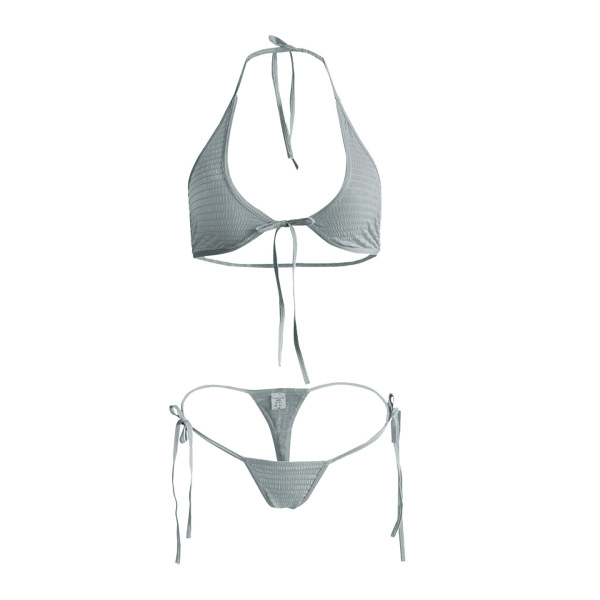 Gray ribbed bikini set with adjustable straps, featuring a triangle top and thong bottom for a sleek, modern look.