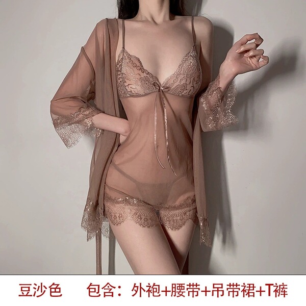 Model wearing plus size sexy lingerie set featuring lace trim sheer slip dress with matching robe, 3-piece seductive sleepwea...