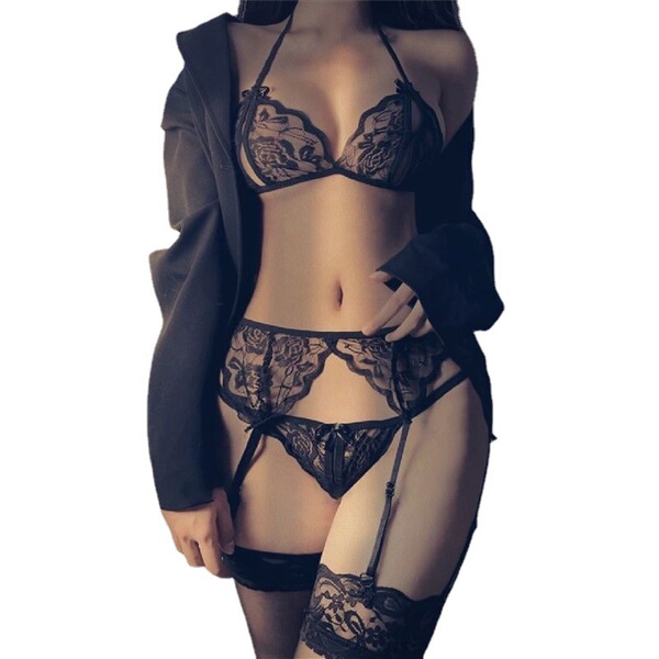 Black lace open-crotch lingerie set with garter belt and stockings, featuring a seductive 3-piece design for tempting allure.