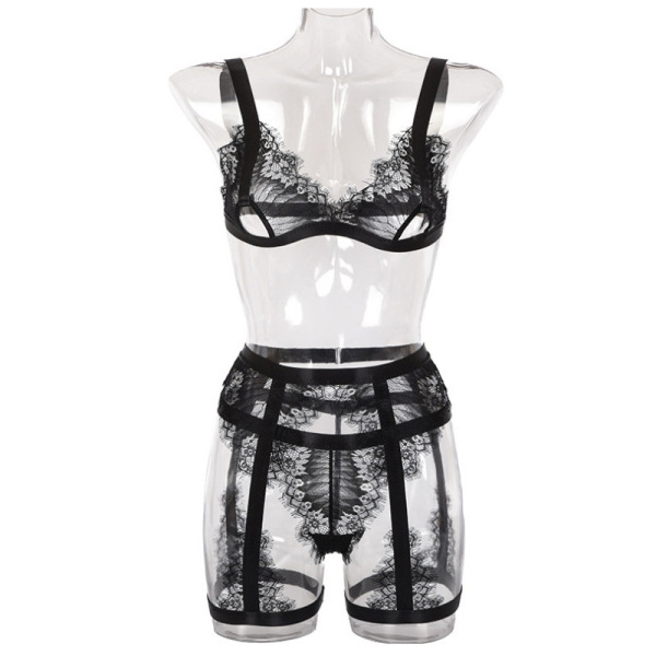 Black lace lingerie set with eyelash trim on mannequin - 3-piece intimate outfit for women