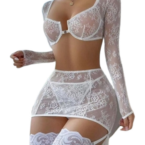 Sexy lace lingerie set featuring sheer backless push-up design, elegant floral patterns, perfect for role play outfits and co...