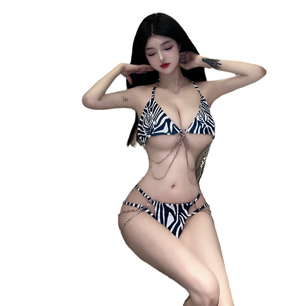 Sexy leopard print lace bra set – seductive 3-piece bikini with chain detail, factory direct