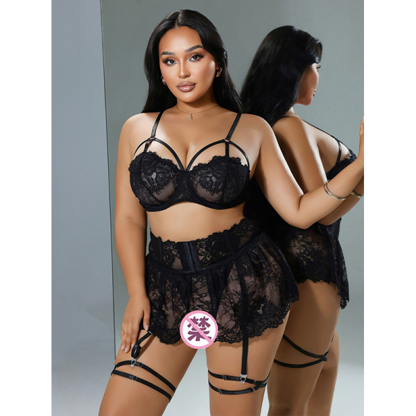 Sheer mesh lace lingerie set with thigh rings - seductive 3-piece sexy sleepwear for women, featuring black floral details.