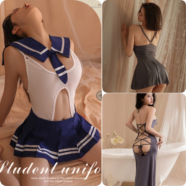 Japanese Schoolgirl Costume - Sexy Open-Crotch Bodysuit with Skirt, Sailor Style Uniform Outfit for Adults - [Hot 3-Piece Set] Campus Style + Nightgown + Long Skirt + Free Model-Style Stockings