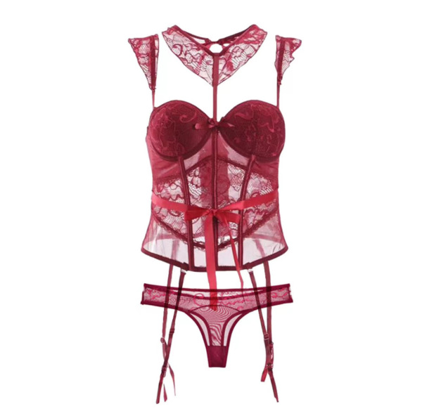Womens red lace mesh shapewear set featuring a sexy 3-piece bodysuit with cut-out details and style design.