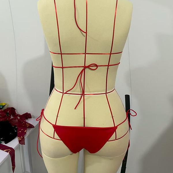 Red lace bra set with bikini bottoms, featuring european style design and padded cups, perfect for womens lingerie and swimwe...