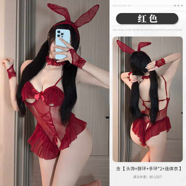 Sexy Cat Bunny Girl Costume - Flirty Ruffle Bodysuit with Sheer Lace, Cute & Alluring Lingerie Set - Red +3000 Red
