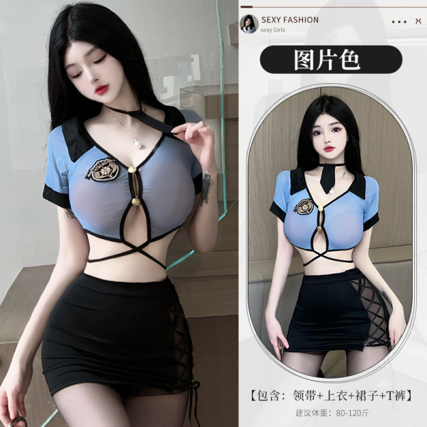 Sensual Female Police Uniform Lingerie Set - No-Remove Bedroom Costume for Passionate Role Play - Image color + 3003 black