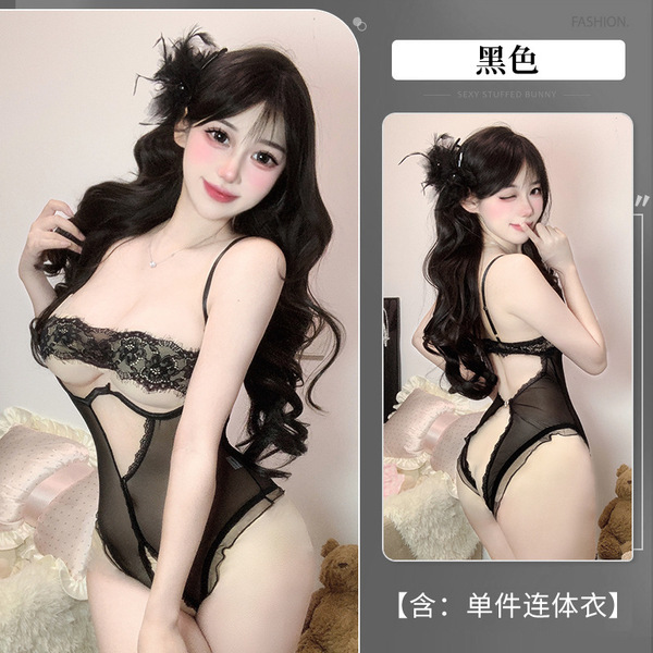 Sensual Sheer Lace Bodysuit with Open-Crotch Design - Pure Temptation Erotic Lingerie Set - Black + 3005 Black