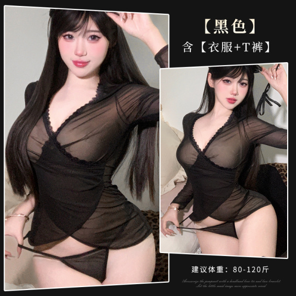 Sheer Mesh Long Sleeve Sexy Sleep Dress - Pure & Tempting Bodycon Lingerie Set, No-Remove Design - Image color + 3005 black