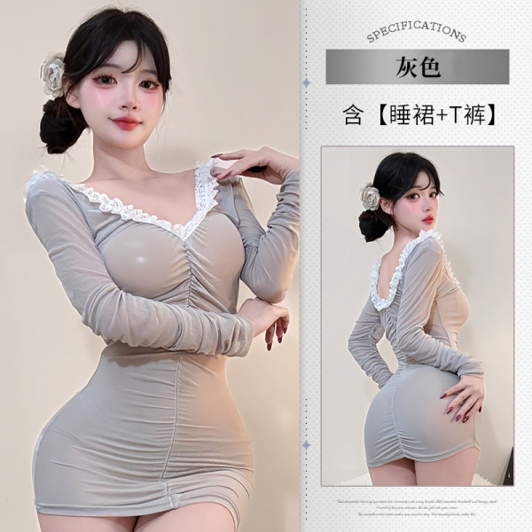 Women's Luxury Deep V Lace Sheer Bodycon Sleep Set - Seductive No-Remove Lingerie Dress 8374 - Gray + 3005 Gray