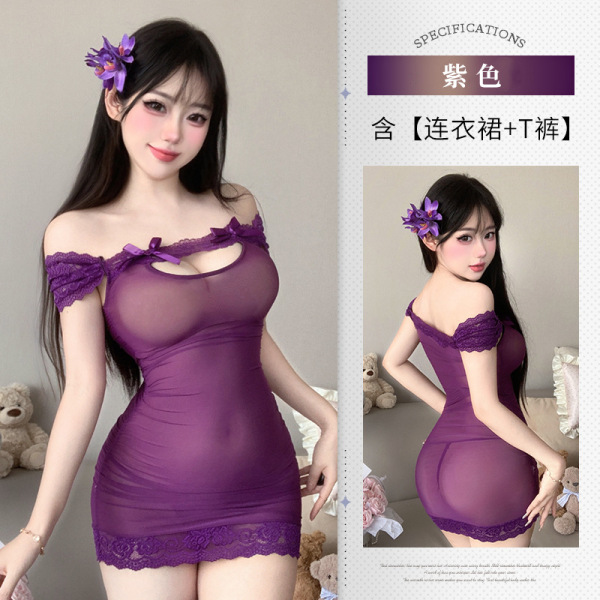 Sensual Lace Mesh See-Through Bodycon Nightclub Skirt Set - Cutout Corset Mini Dress Outfit 8367 - Purple +3005 Purple