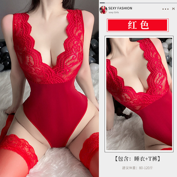 Sexy Lace Bodysuit for Women – Seductive Tight-Fit Mesh & Lace One-Piece Outfit Set - Red +3005 Red