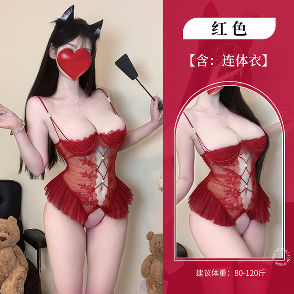 Flirty Lace Bodysuit for Small Bust - Sheer Mesh Thong Bodysuit with Push-Up Cleavage, No-Remove Lingerie Set - Red +3005 Red