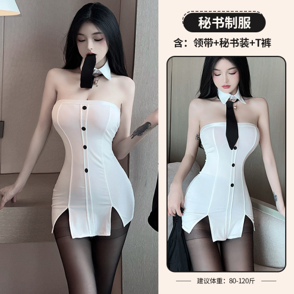 Qingruohan Milk Silk Bodysuit - Sexy Secretary Uniform Outfit for Women, Seductive Lingerie Set - White + black skirt + 3005 black