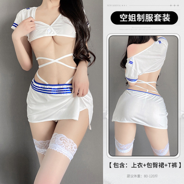 Sensual Airline Uniform Top & Pencil Skirt Set – Sexy Office-Themed Lingerie Outfit for Women - Image color + 3005 white