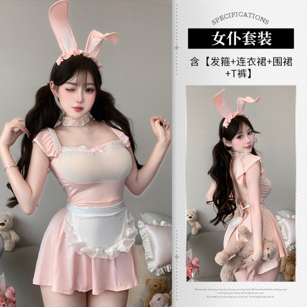 Sensual Lace Sheer Maid Costume - No-Remove Bunny Girl Outfit with Transparent Mesh & Adjustable Straps - Image color + 3005 white