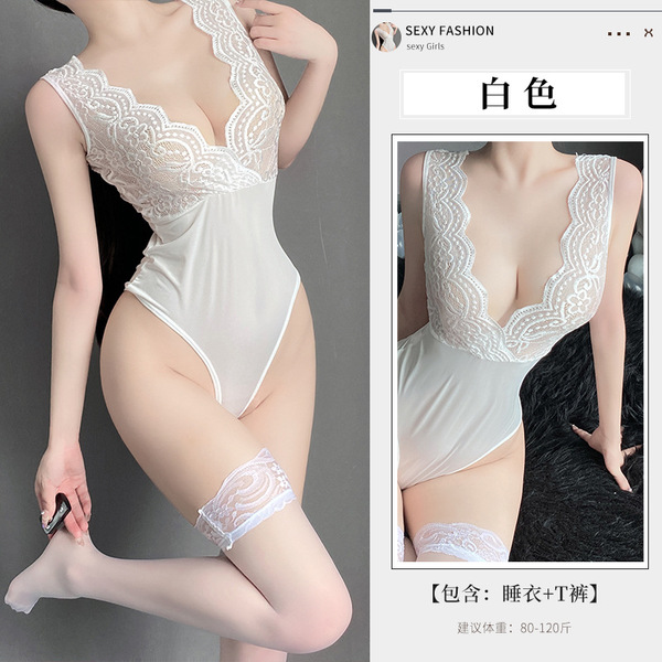 Sexy Lace Bodysuit for Women – Seductive Tight-Fit Mesh & Lace One-Piece Outfit Set - White + 3005 White