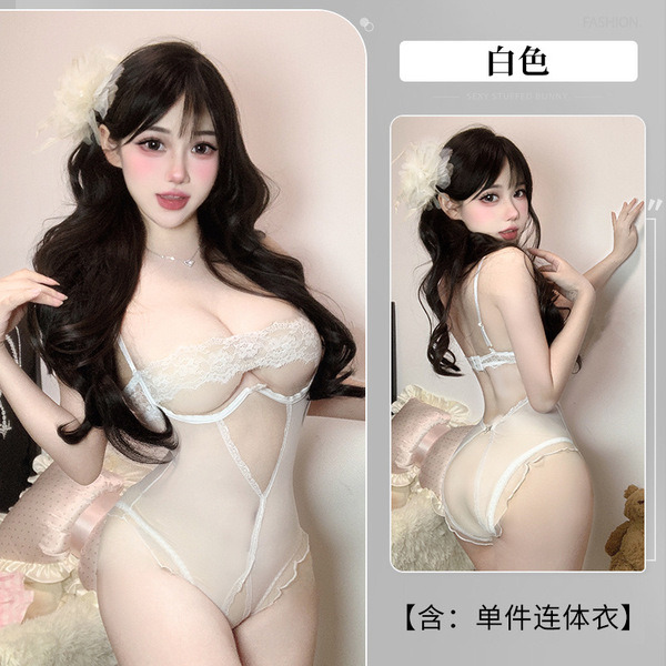 Sensual Sheer Lace Bodysuit with Open-Crotch Design - Pure Temptation Erotic Lingerie Set - White + 3005 White