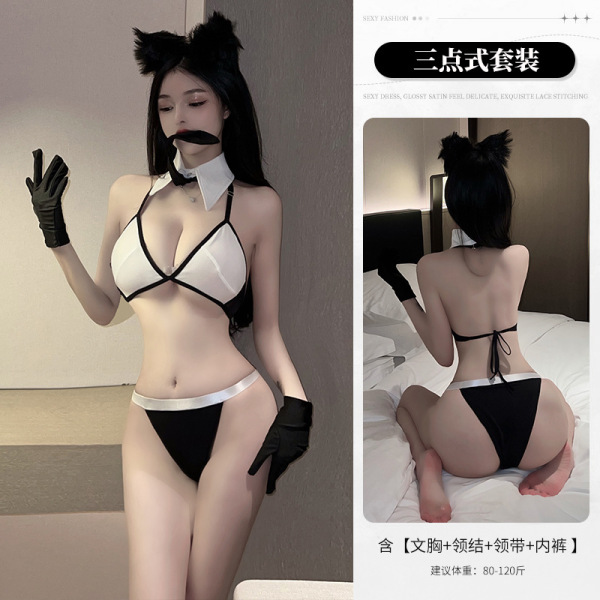 Qingruohan Sensual Lingerie Set - Pure & Tempting No-Remove Thong Bra Set, Plus Size 2660 Erotic Bedroom Outfit - Image color + black gloves + 3032 black