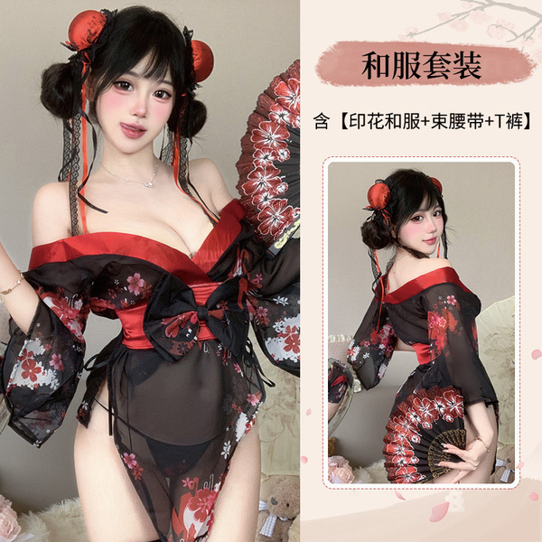 Women's Seductive Japanese-Inspired Lace Kimono Set - Sheer Backless Robe with Alluring Floral Print - Image color +3042 black