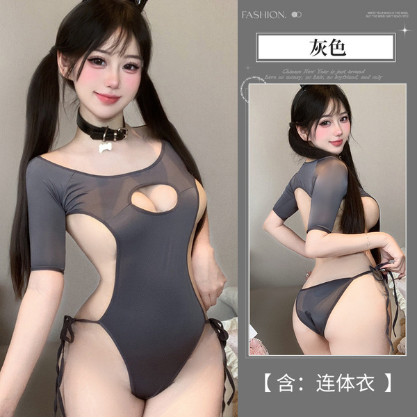 Seductive Open-Crotch Bodysuit Set - Pure & Tempting Uniform Sleepwear, Removable Crotch Lingerie Kit - Gray + 3042 Gray