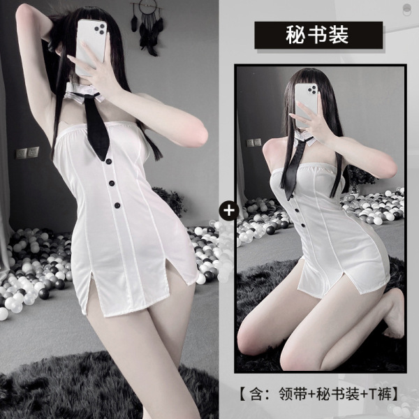 Qingruohan Milk Silk Bodysuit Secretarial Outfit - Sexy Lingerie Set for Women, Alluring Uniform Style - White + black skirt + 3042 black