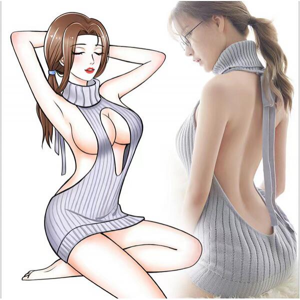 Romantic Sheer Lace Lingerie Set - Open-Front Backless Knit Sweater & Mini Skirt Sleepwear Outfit