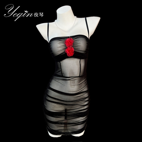 Luxury Lace Sleep Dress - Sheer Mesh Bodycon Nightgown, Seductive Lingerie Dress for Women - black