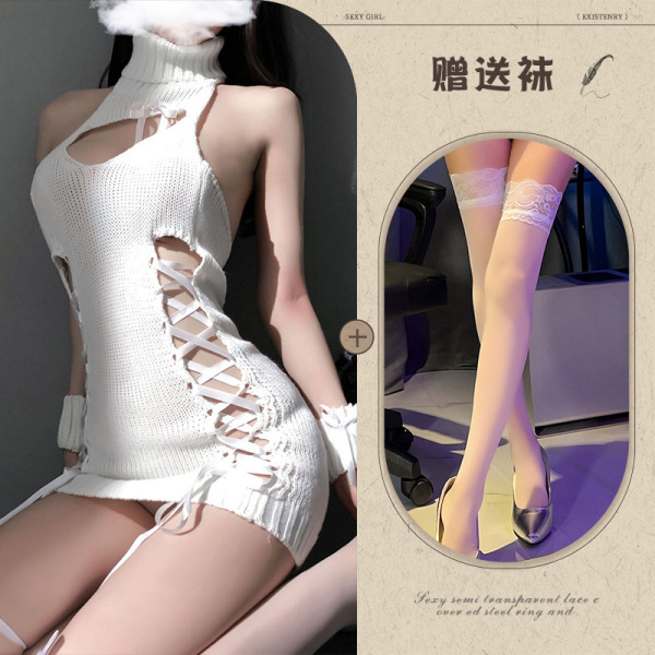 Qingran Sexy High-Neck Backless Lace Knit Lingerie Set – Seductive Hollow Mesh Outfit for Women - White + white stockings