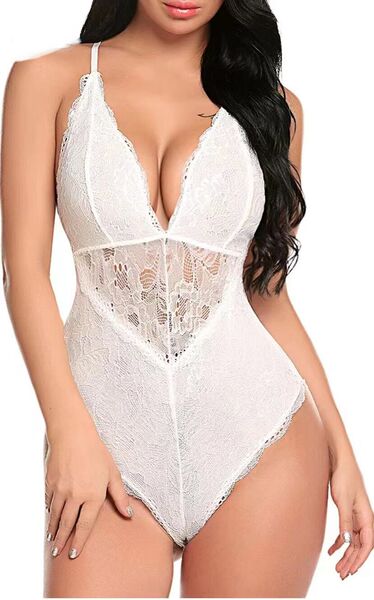Rena Sensual Lace Deep V-Neck Sheer Bodysuit - Erotic Bedroom Lingerie for Passionate Moments - White