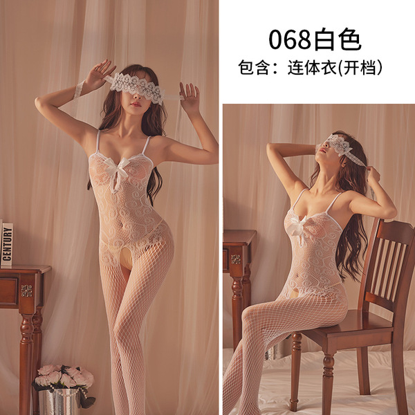 Qingyege Sexy Lace Bodysuit for Women – Sheer Mesh Open-Crotch Thigh-High Stockings with Adjustable Straps - White