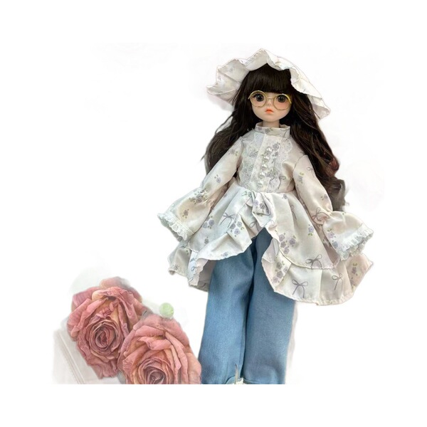 A charming 30cm bjd doll dressed in a delicate floral blouse and blue jeans, accompanied by pink roses. perfect for collector...