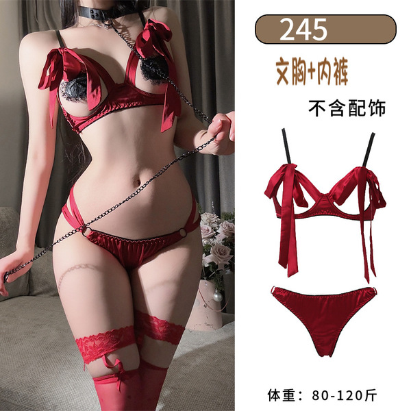 Valentine's Day Sexy Bow-Tie Thong Set with Open-Crotch Design - New Year Lingerie Outfit for Seduction - Red + matching socks (W-31 Red)