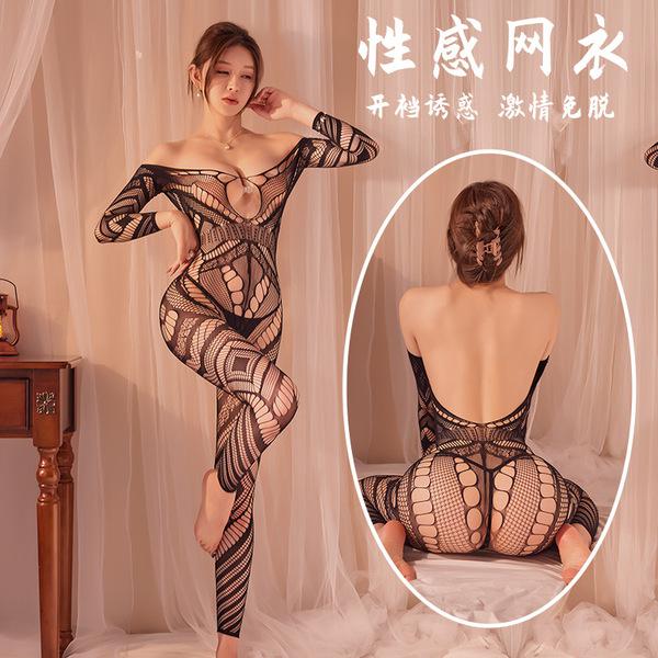 Model wearing qingyege sexy sheer lace bodysuit with backless open-crotch design and matching mesh stockings.